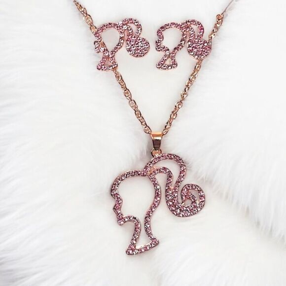 Pink Rhinestone Barbie Gold Tone Necklace And Earrings Set NWT - Picture 1 of 1